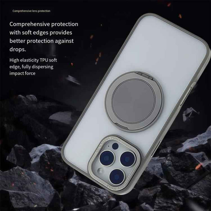 For iPhone 15 Semi-Transparent 360 Rotation Holder MagSafe Phone Case(Grey)