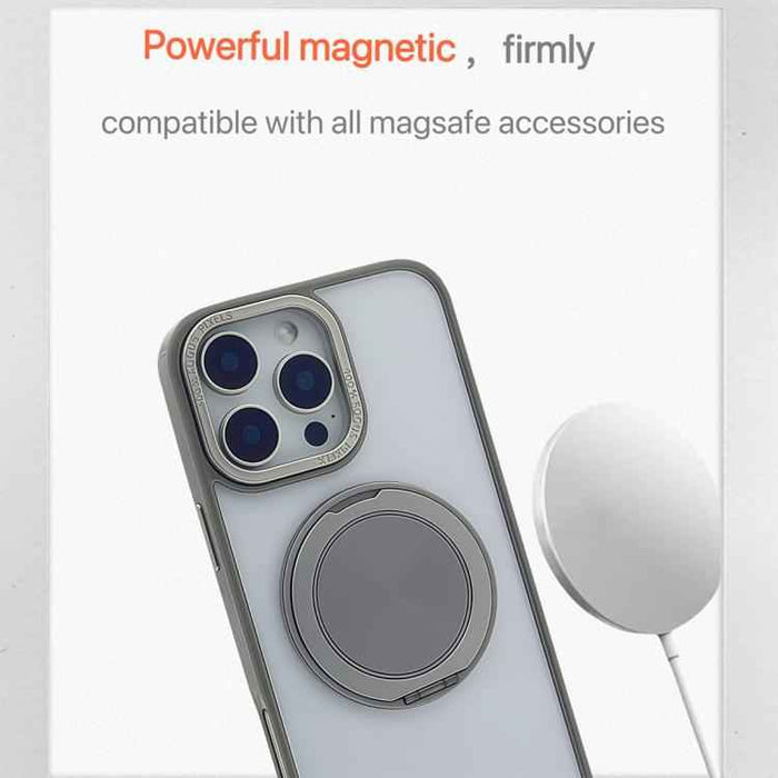 For iPhone 15 Semi-Transparent 360 Rotation Holder MagSafe Phone Case(Grey)