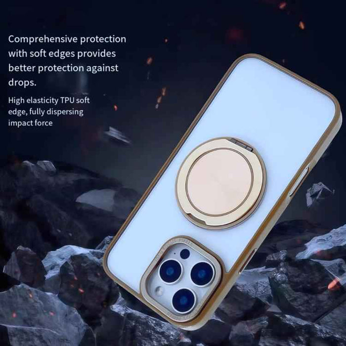 For iPhone 15 Semi-Transparent 360 Rotation Holder MagSafe Phone Case(Desert Gold)