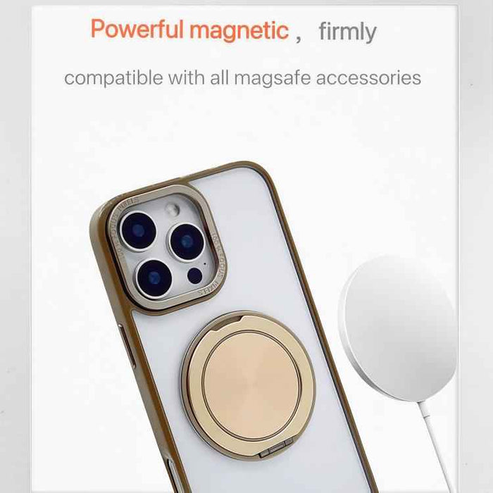 For iPhone 15 Semi-Transparent 360 Rotation Holder MagSafe Phone Case(Desert Gold)