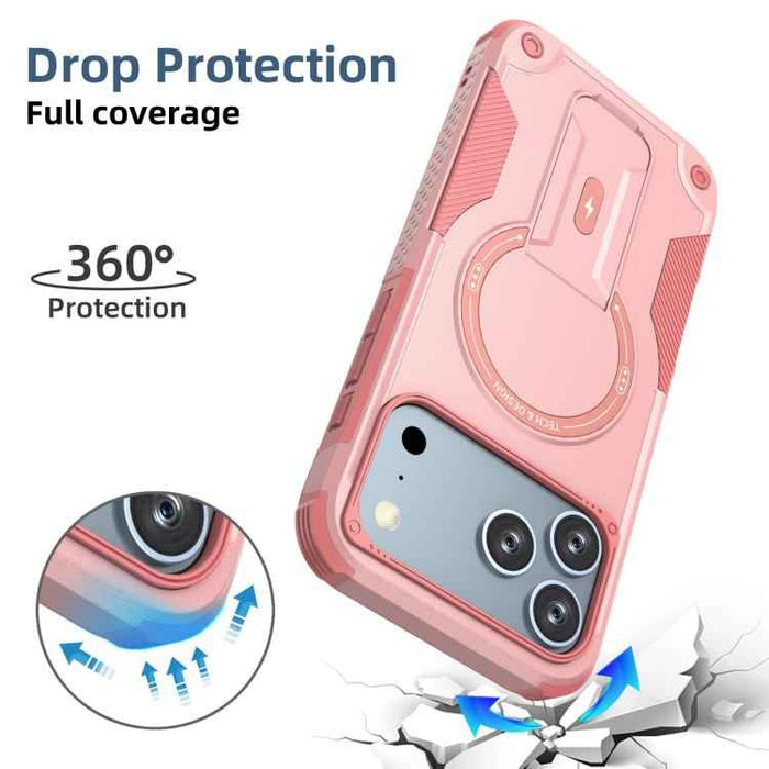 For iPhone 17 Pro Max Armor Magsafe Holder PC Hybrid TPU Phone Case(Pink)
