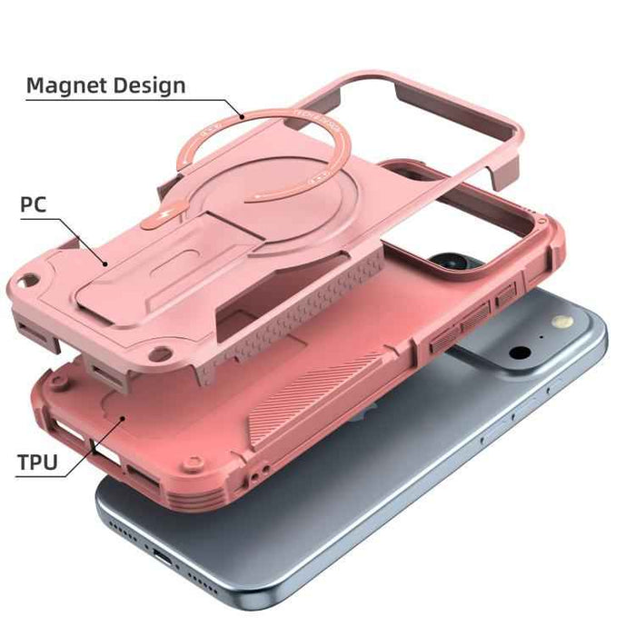 For iPhone 17 Pro Max Armor Magsafe Holder PC Hybrid TPU Phone Case(Pink)