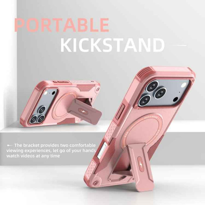 For iPhone 17 Pro Max Armor Magsafe Holder PC Hybrid TPU Phone Case(Pink)