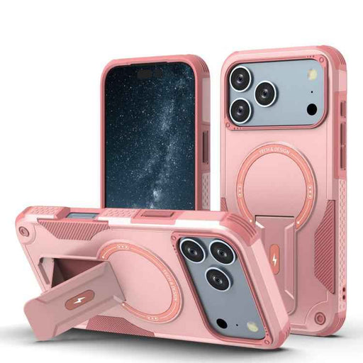 For iPhone 17 Pro Max Armor Magsafe Holder PC Hybrid TPU Phone Case(Pink)