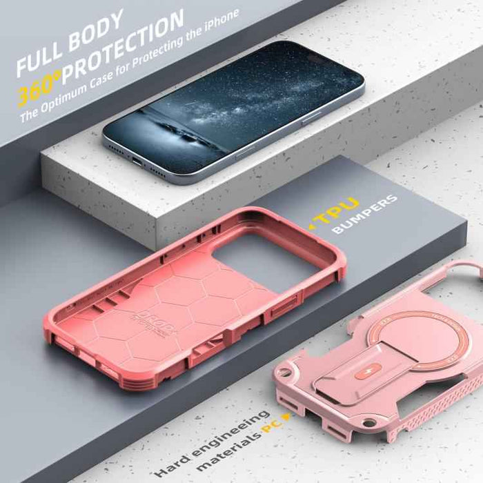 For iPhone 17 Pro Max Armor Magsafe Holder PC Hybrid TPU Phone Case(Pink)