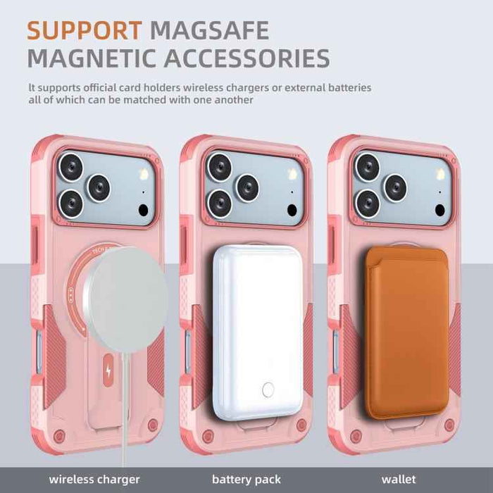 For iPhone 17 Pro Max Armor Magsafe Holder PC Hybrid TPU Phone Case(Pink)