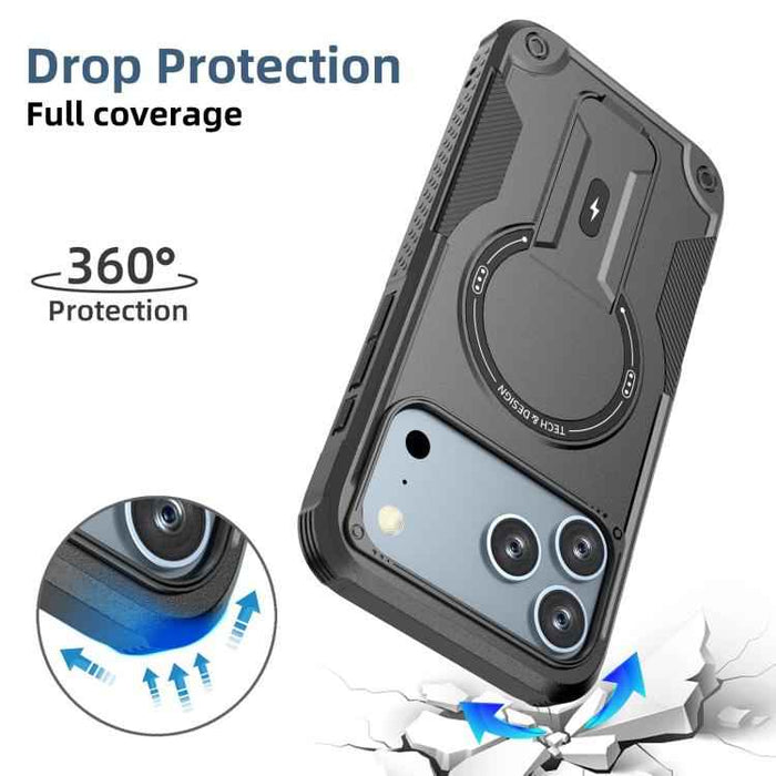 For iPhone 17 Pro Max Armor Magsafe Holder PC Hybrid TPU Phone Case(Black)