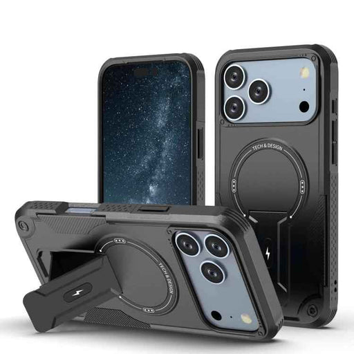 For iPhone 17 Pro Max Armor Magsafe Holder PC Hybrid TPU Phone Case(Black)