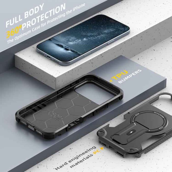 For iPhone 17 Pro Max Armor Magsafe Holder PC Hybrid TPU Phone Case(Black)