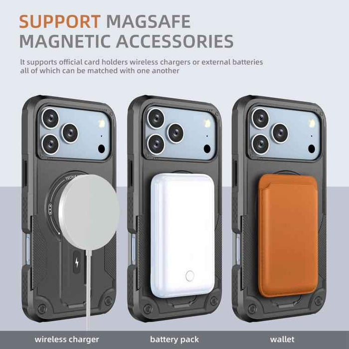 For iPhone 17 Pro Max Armor Magsafe Holder PC Hybrid TPU Phone Case(Black)