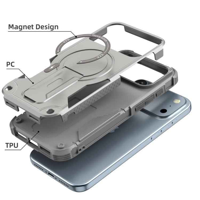 For iPhone 17 Pro Max Armor Magsafe Holder PC Hybrid TPU Phone Case(Grey)