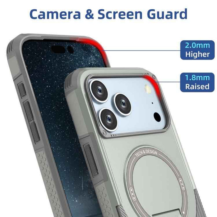 For iPhone 17 Pro Max Armor Magsafe Holder PC Hybrid TPU Phone Case(Grey)