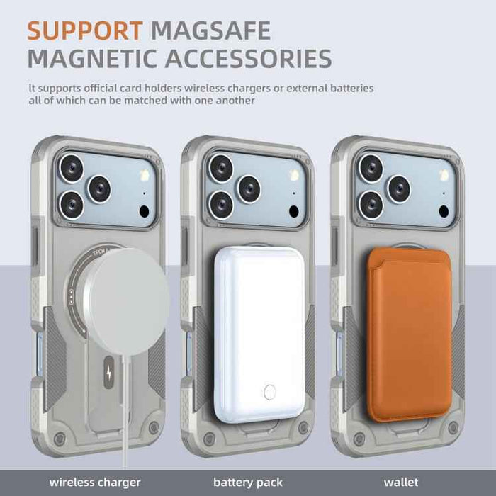 For iPhone 17 Pro Max Armor Magsafe Holder PC Hybrid TPU Phone Case(Grey)