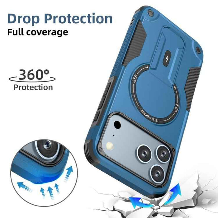 For iPhone 17 Pro Max Armor Magsafe Holder PC Hybrid TPU Phone Case(Dark Blue)
