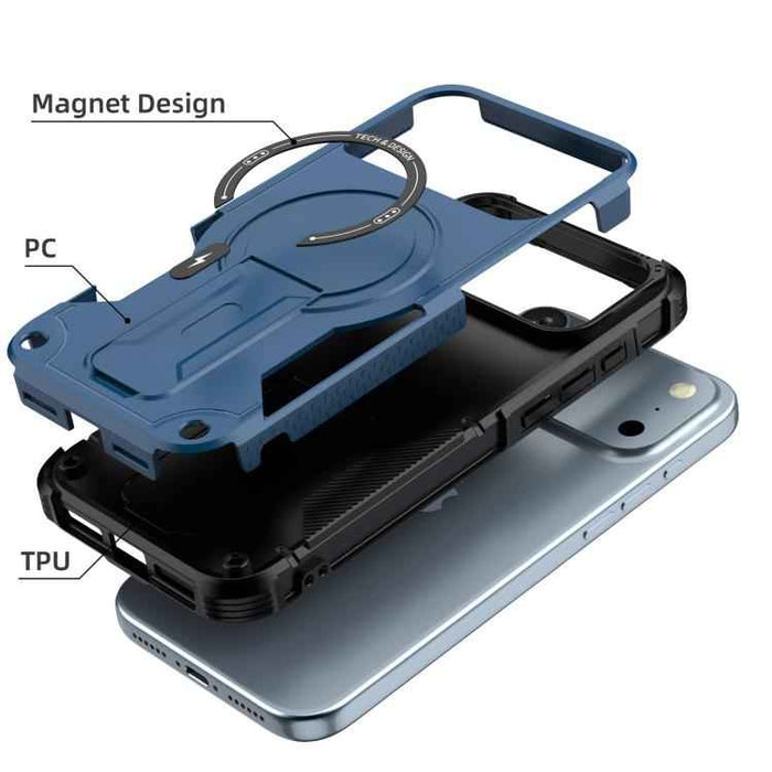 For iPhone 17 Pro Max Armor Magsafe Holder PC Hybrid TPU Phone Case(Dark Blue)