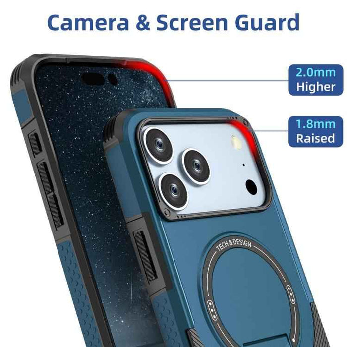 For iPhone 17 Pro Max Armor Magsafe Holder PC Hybrid TPU Phone Case(Dark Blue)