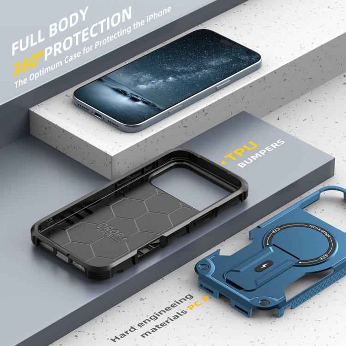 For iPhone 17 Pro Max Armor Magsafe Holder PC Hybrid TPU Phone Case(Dark Blue)