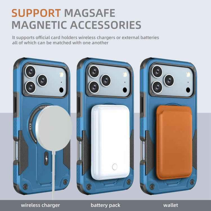 For iPhone 17 Pro Max Armor Magsafe Holder PC Hybrid TPU Phone Case(Dark Blue)
