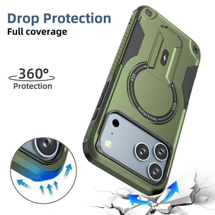 For iPhone 17 Pro Max Armor Magsafe Holder PC Hybrid TPU Phone Case(Army Green)