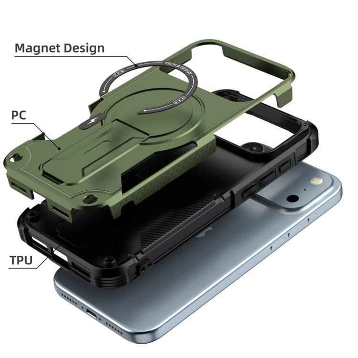 For iPhone 17 Pro Max Armor Magsafe Holder PC Hybrid TPU Phone Case(Army Green)