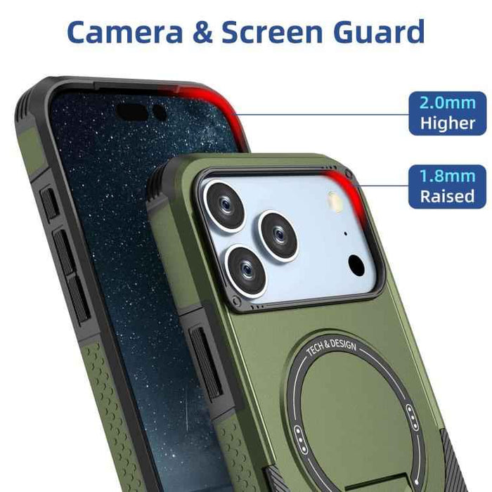 For iPhone 17 Pro Max Armor Magsafe Holder PC Hybrid TPU Phone Case(Army Green)