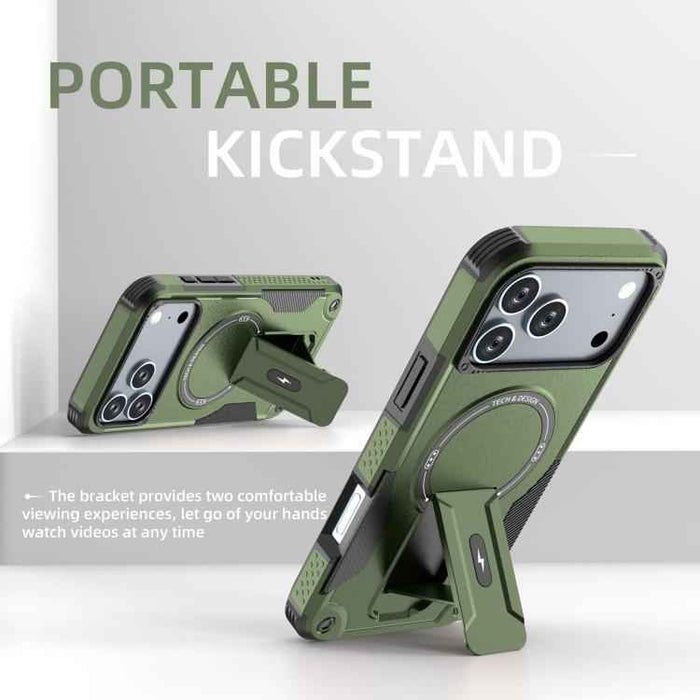 For iPhone 17 Pro Max Armor Magsafe Holder PC Hybrid TPU Phone Case(Army Green)