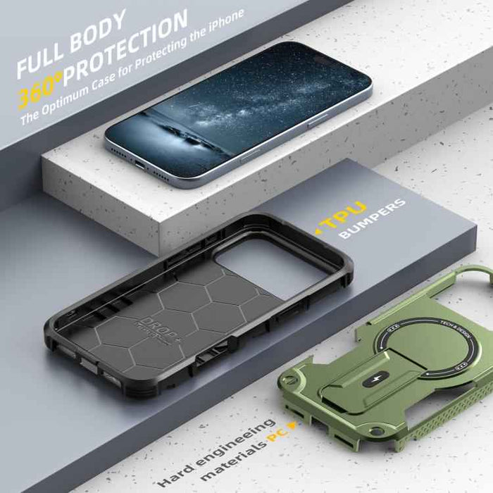 For iPhone 17 Pro Max Armor Magsafe Holder PC Hybrid TPU Phone Case(Army Green)