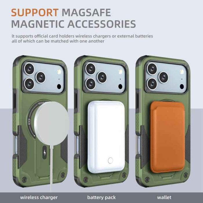For iPhone 17 Pro Max Armor Magsafe Holder PC Hybrid TPU Phone Case(Army Green)