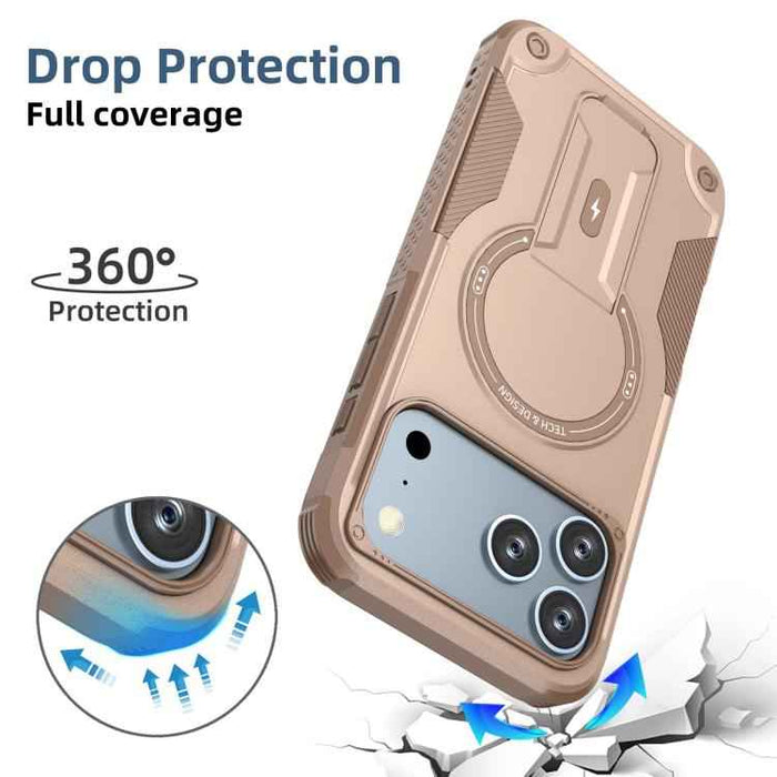 For iPhone 17 Pro Max Armor Magsafe Holder PC Hybrid TPU Phone Case(Desert Gold)