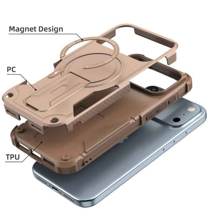 For iPhone 17 Pro Max Armor Magsafe Holder PC Hybrid TPU Phone Case(Desert Gold)