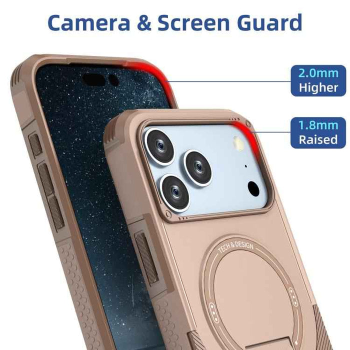 For iPhone 17 Pro Max Armor Magsafe Holder PC Hybrid TPU Phone Case(Desert Gold)