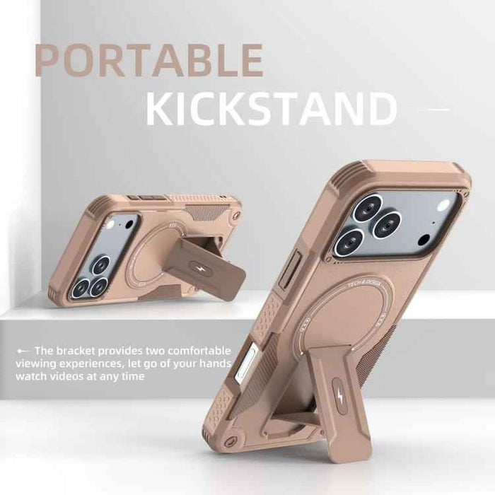 For iPhone 17 Pro Max Armor Magsafe Holder PC Hybrid TPU Phone Case(Desert Gold)