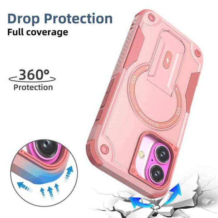 For iPhone 17 Armor Magsafe Holder PC Hybrid TPU Phone Case(Pink)