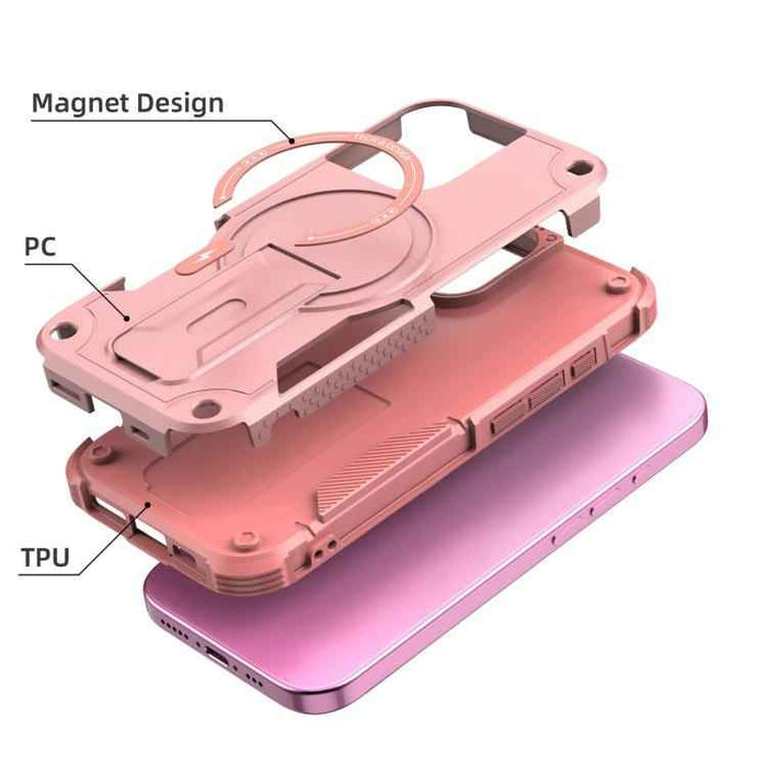 For iPhone 17 Armor Magsafe Holder PC Hybrid TPU Phone Case(Pink)