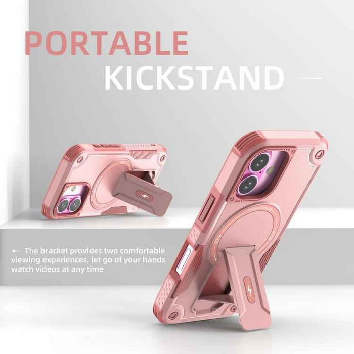 For iPhone 17 Armor Magsafe Holder PC Hybrid TPU Phone Case(Pink)