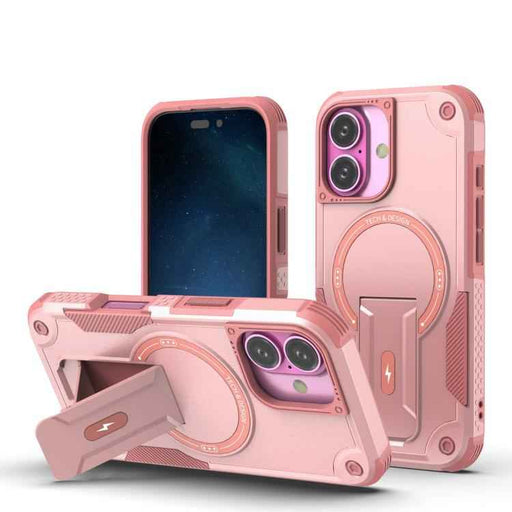 For iPhone 17 Armor Magsafe Holder PC Hybrid TPU Phone Case(Pink)