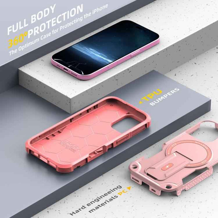 For iPhone 17 Armor Magsafe Holder PC Hybrid TPU Phone Case(Pink)
