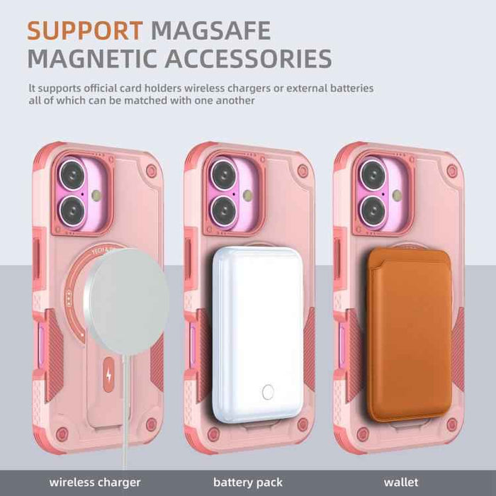 For iPhone 17 Armor Magsafe Holder PC Hybrid TPU Phone Case(Pink)
