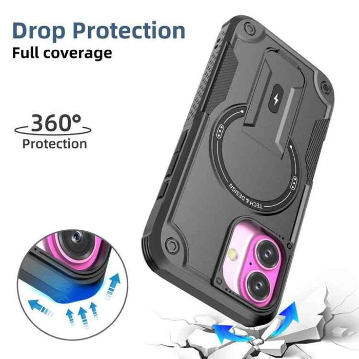 For iPhone 17 Armor Magsafe Holder PC Hybrid TPU Phone Case(Black)