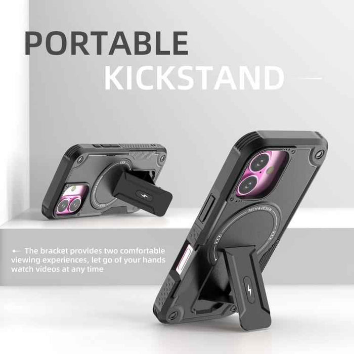 For iPhone 17 Armor Magsafe Holder PC Hybrid TPU Phone Case(Black)