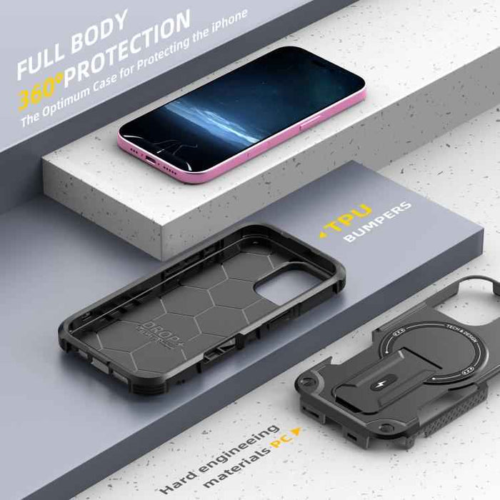 For iPhone 17 Armor Magsafe Holder PC Hybrid TPU Phone Case(Black)