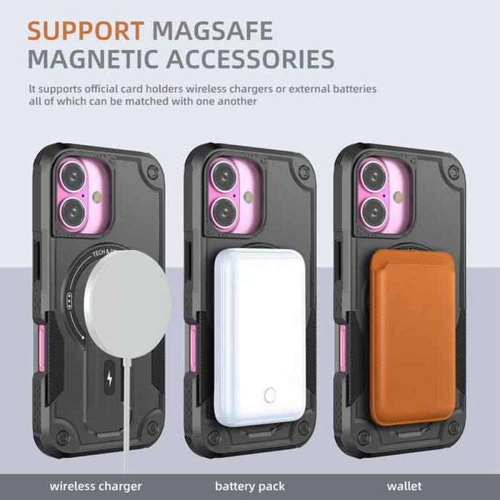 For iPhone 17 Armor Magsafe Holder PC Hybrid TPU Phone Case(Black)