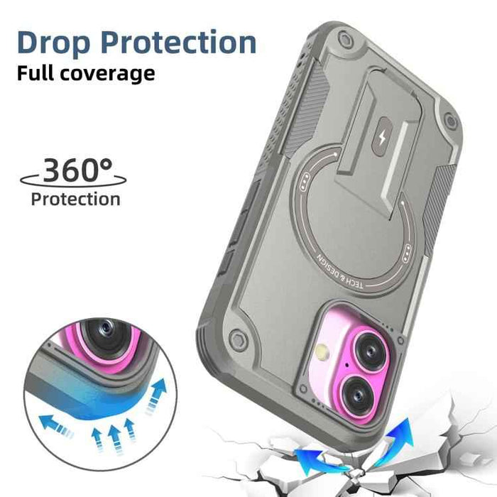 For iPhone 17 Armor Magsafe Holder PC Hybrid TPU Phone Case(Grey)