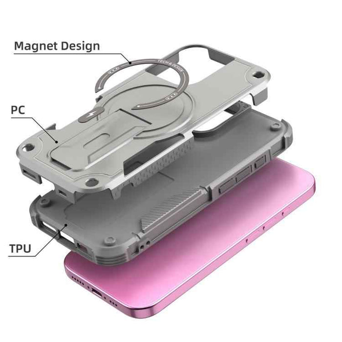For iPhone 17 Armor Magsafe Holder PC Hybrid TPU Phone Case(Grey)