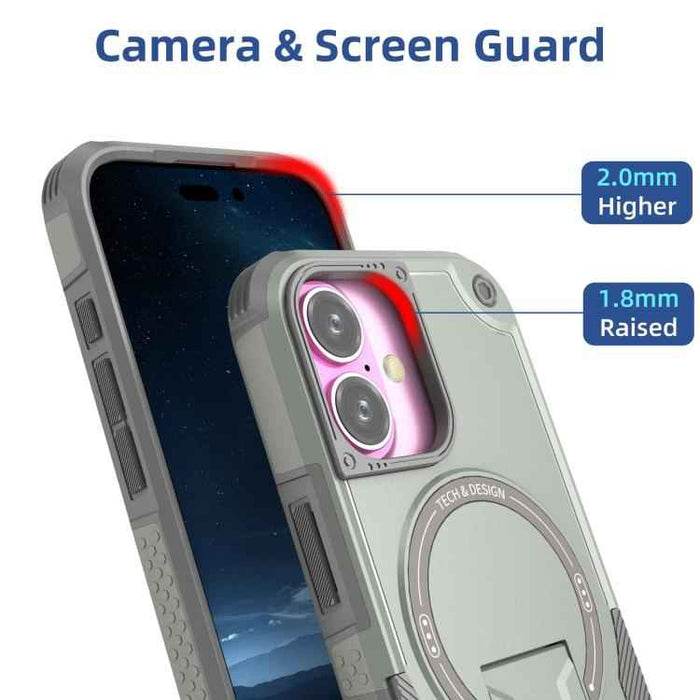 For iPhone 17 Armor Magsafe Holder PC Hybrid TPU Phone Case(Grey)
