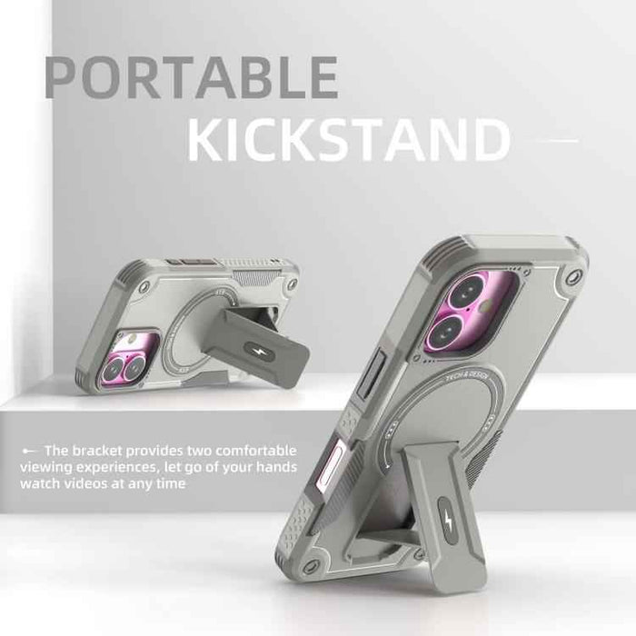 For iPhone 17 Armor Magsafe Holder PC Hybrid TPU Phone Case(Grey)