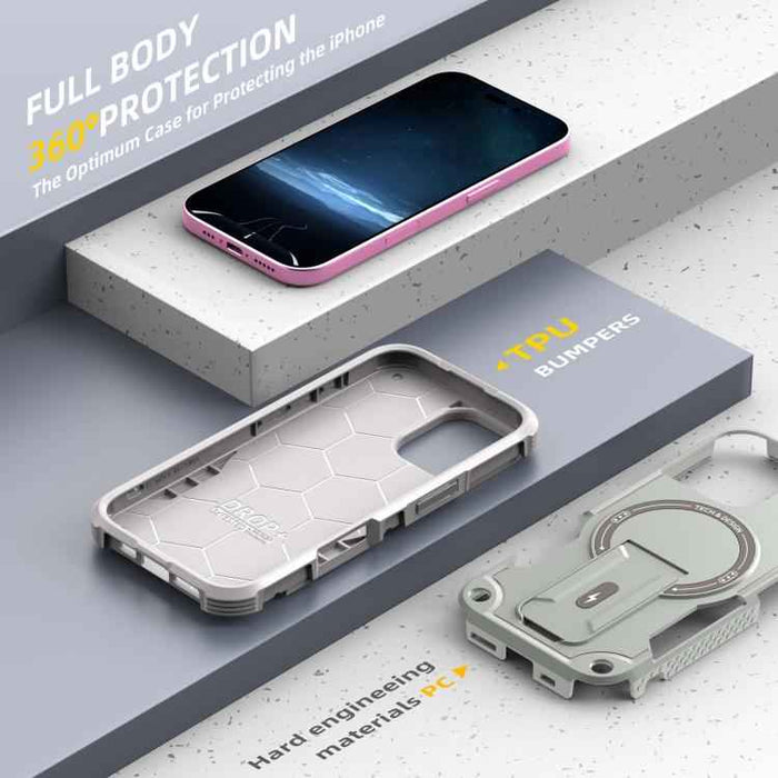 For iPhone 17 Armor Magsafe Holder PC Hybrid TPU Phone Case(Grey)
