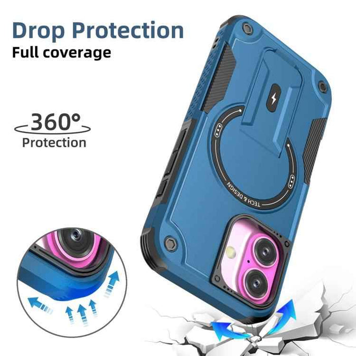 For iPhone 17 Armor Magsafe Holder PC Hybrid TPU Phone Case(Dark Blue)