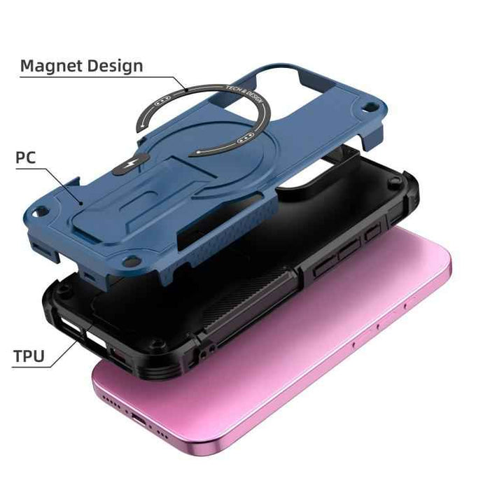 For iPhone 17 Armor Magsafe Holder PC Hybrid TPU Phone Case(Dark Blue)