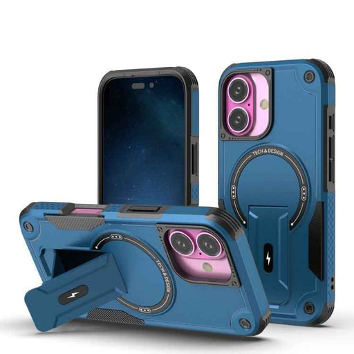 For iPhone 17 Armor Magsafe Holder PC Hybrid TPU Phone Case(Dark Blue)